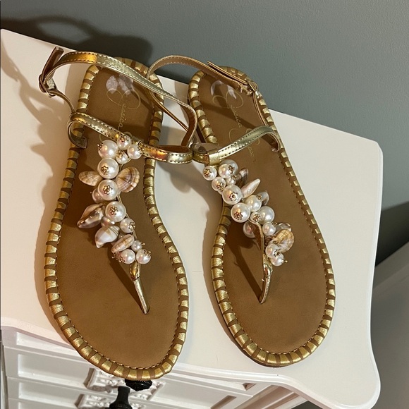 Jessica Simpson Shoes - Jessica Simpson Gold T-Strap Sandals with Pearl & Shell Accents